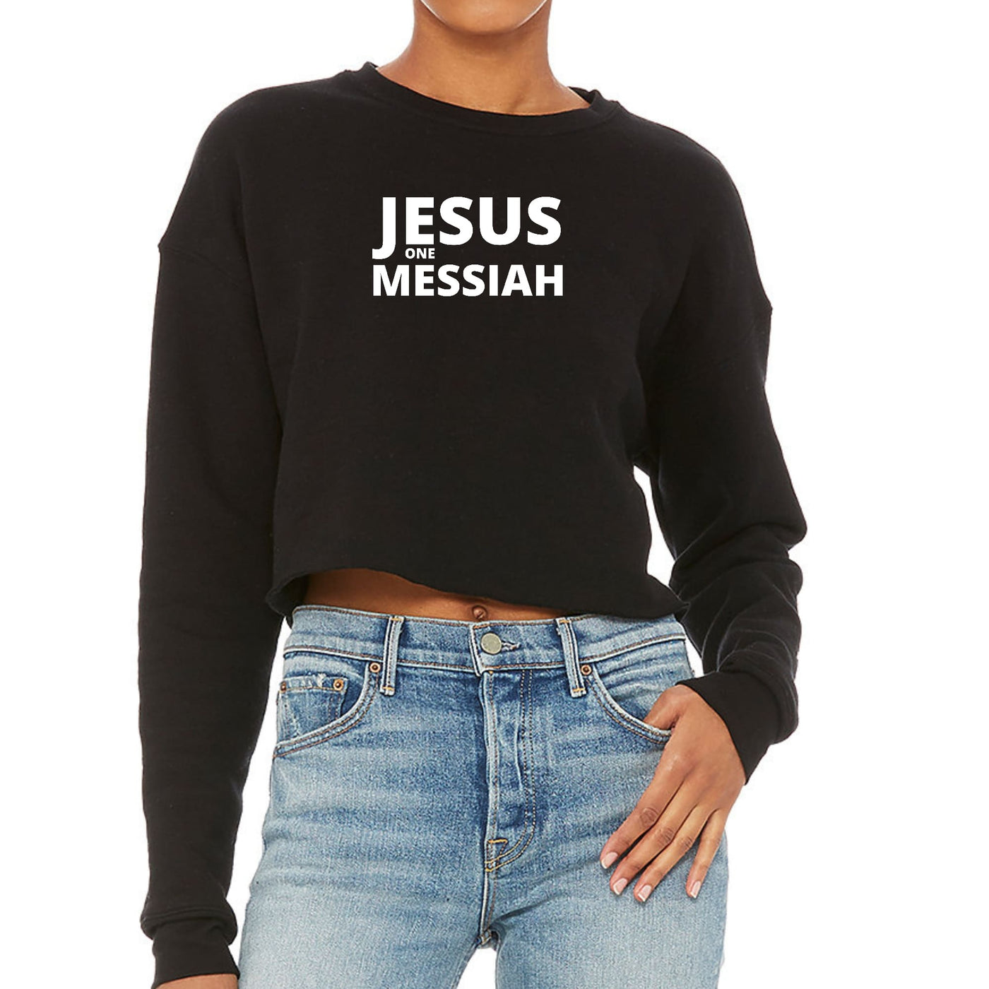 Womens Cropped Graphic Sweatshirt Jesus One Messiah - Womens | Sweatshirts
