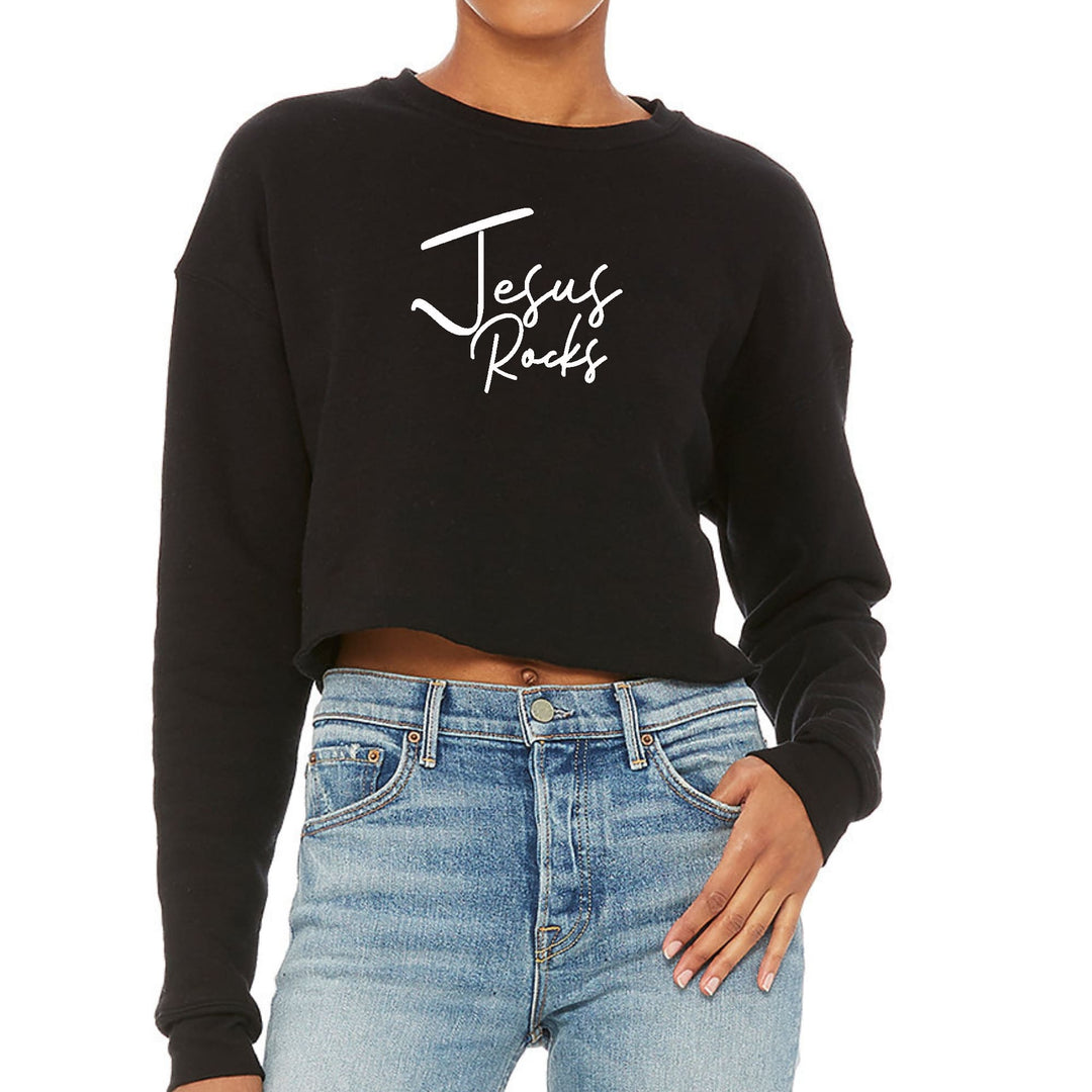 Womens Cropped Graphic Sweatshirt Jesus Rocks Print - Womens/Sweatshirts/Cropped