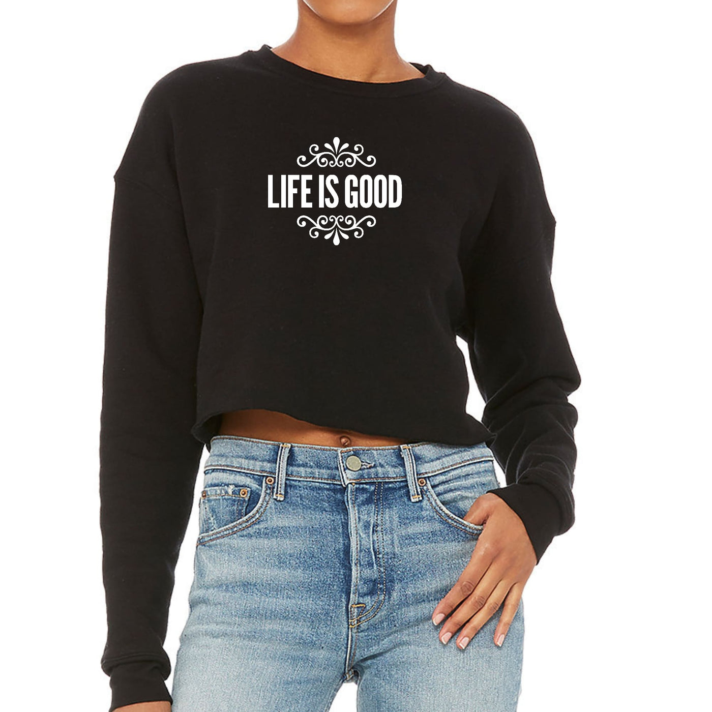 Womens Cropped Graphic Sweatshirt Life Is Good Word Art Illustration - Womens