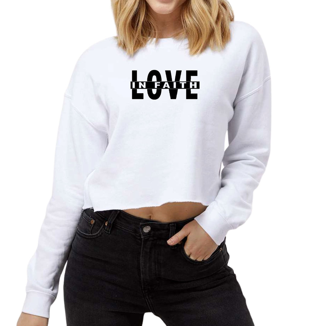 Womens Cropped Graphic Sweatshirt Love in Faith Black Illustration - Womens