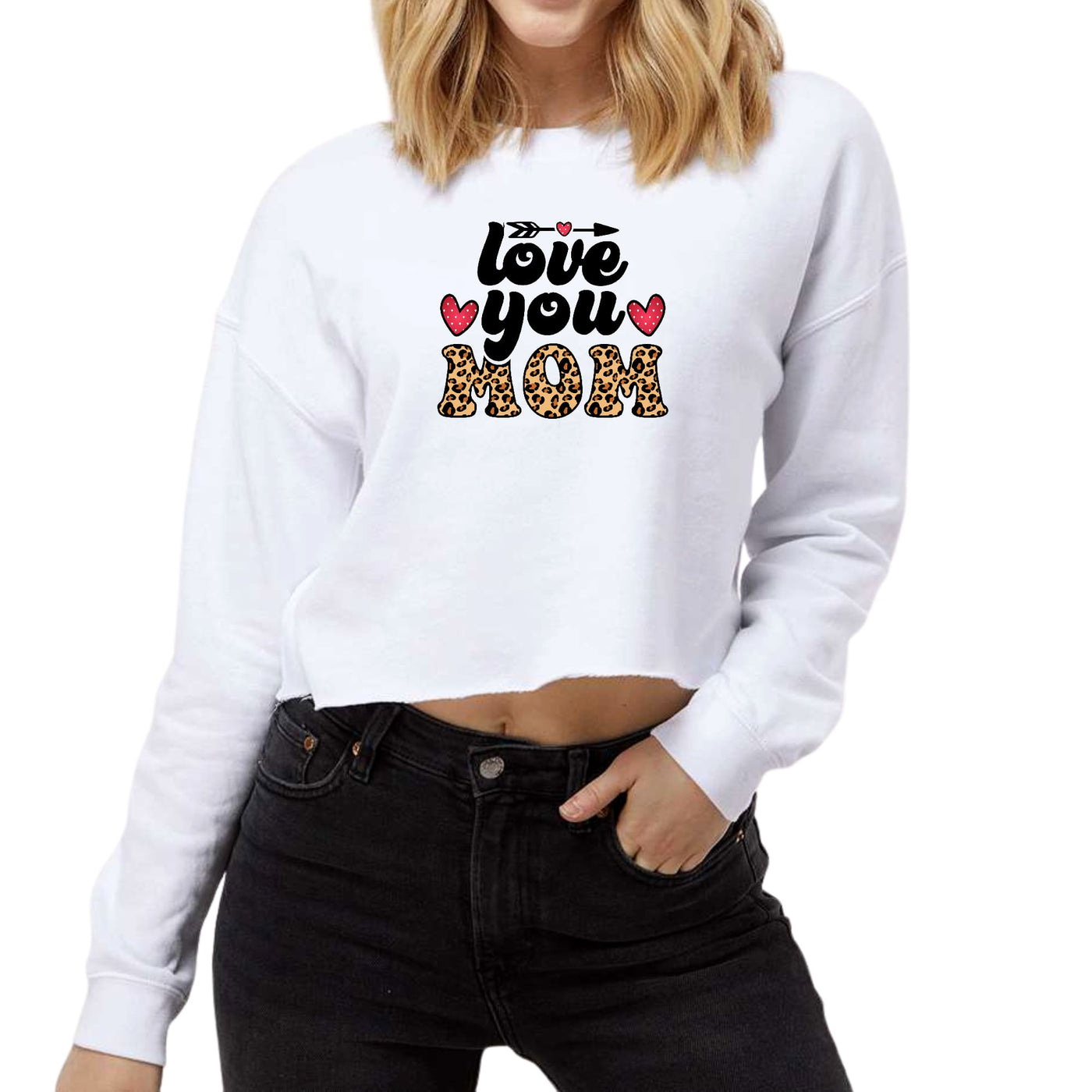 Womens Cropped Graphic Sweatshirt Love You Mom Leopard Print - Sweatshirts