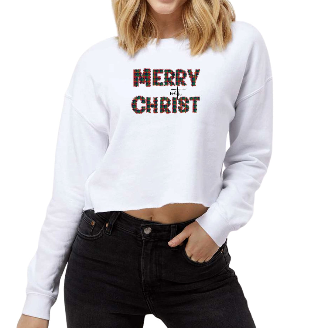 Womens Cropped Graphic Sweatshirt - Merry with Christ - Red and Green