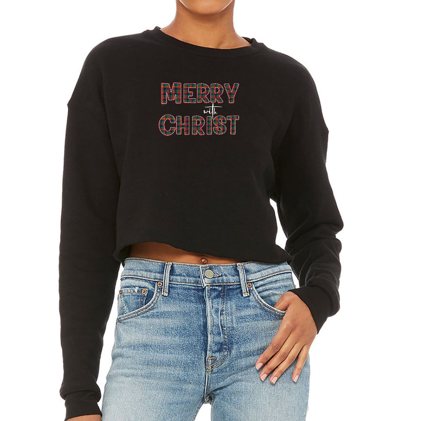 Womens Cropped Graphic Sweatshirt Merry With Christ Red And Green - Womens