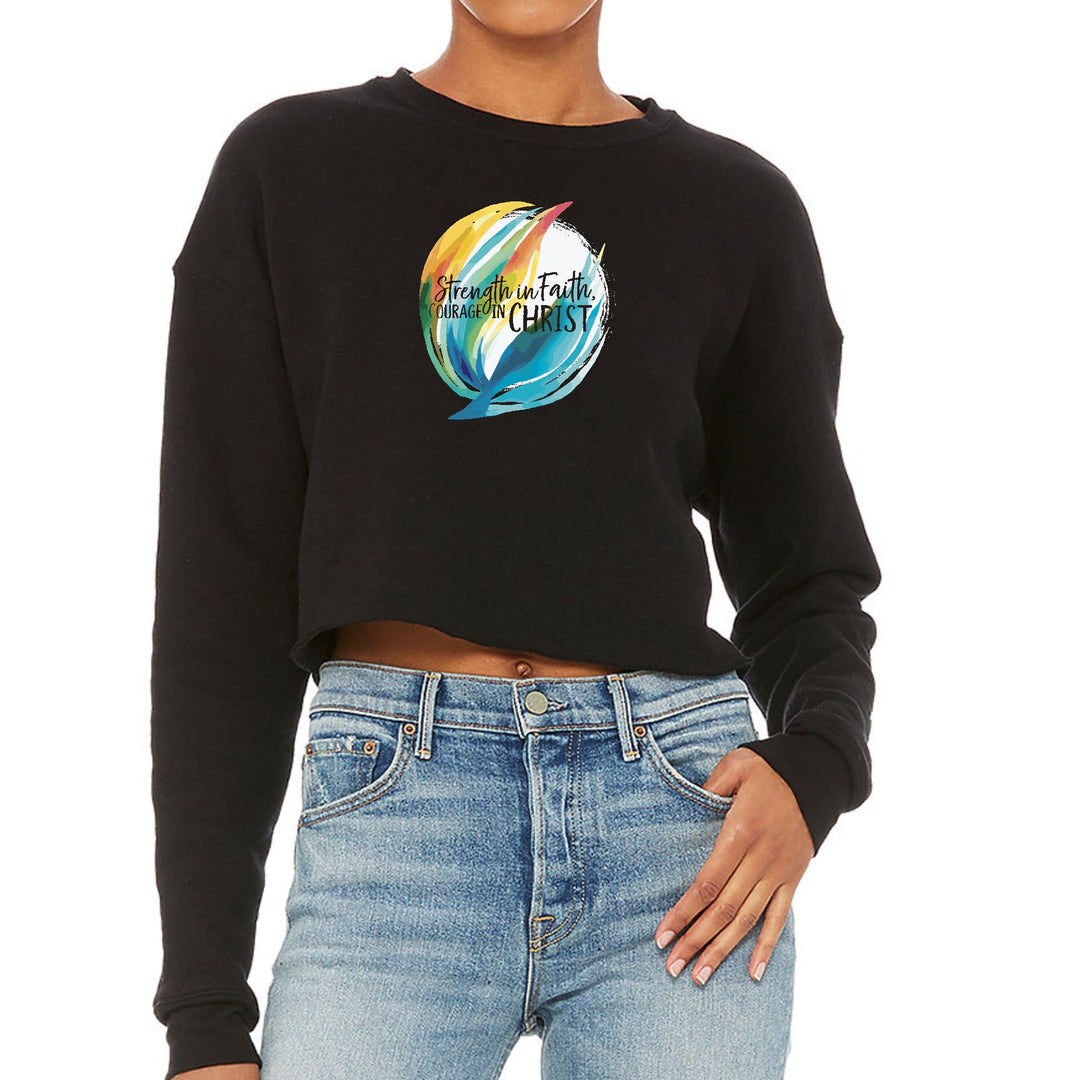 Womens Cropped Graphic Sweatshirt Strength in Faith - Courage in Christ