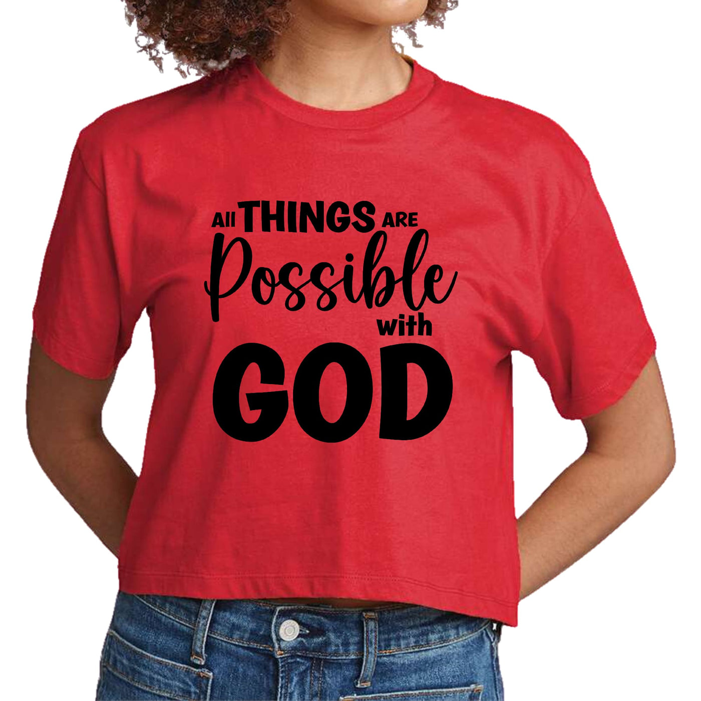 Womens Cropped Graphic T-shirt All Things Are Possible With God - Womens