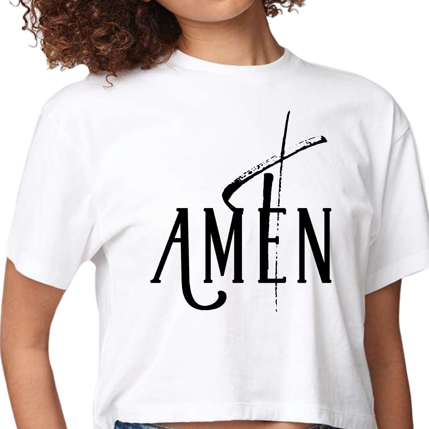Womens Cropped Graphic T-shirt Amen Black Print - Womens | T-Shirts | Cropped