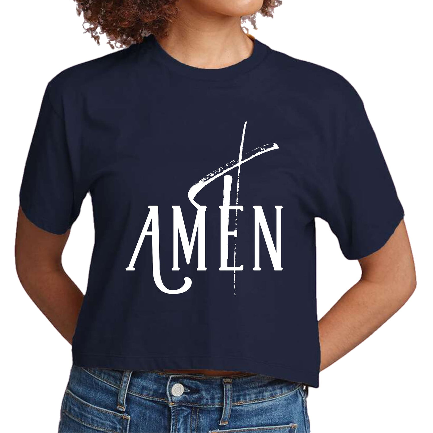 Womens Cropped Graphic T-shirt Amen White Print - Womens | T-Shirts | Cropped