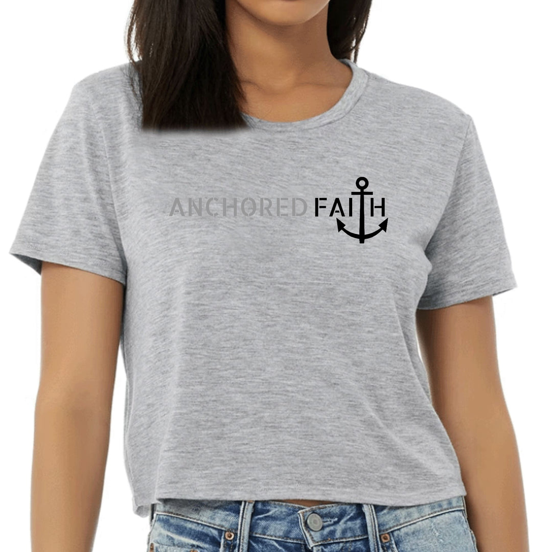 Womens Cropped Graphic T-shirt Anchored Faith Grey and Black Print - Womens