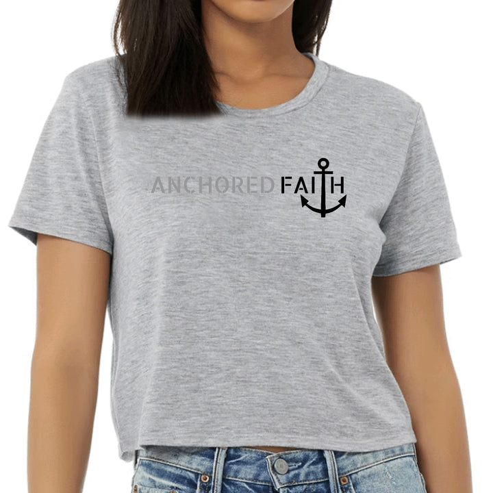 Womens Cropped Graphic T-shirt Anchored Faith Grey and Black Print - Womens