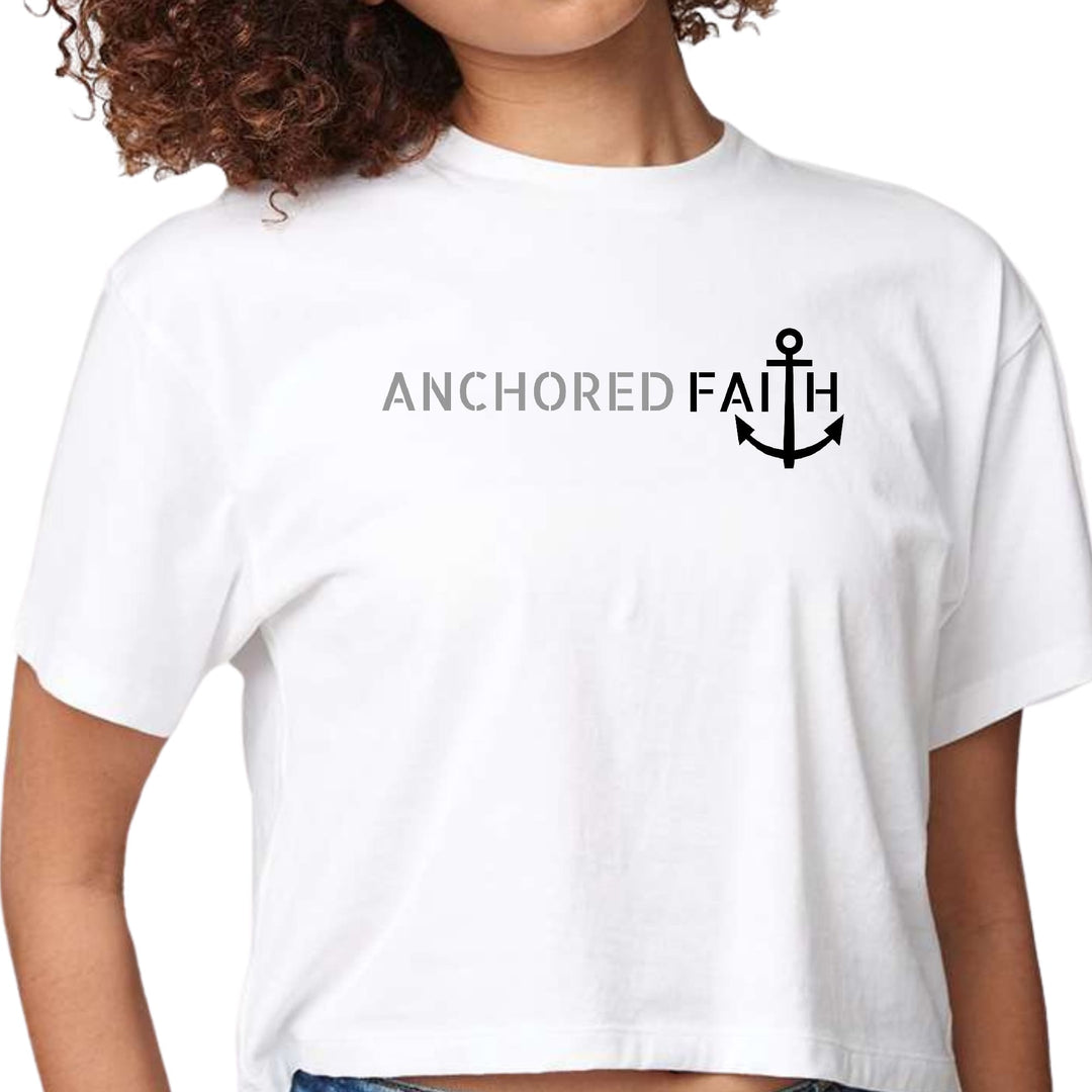 Womens Cropped Graphic T-shirt Anchored Faith Grey and Black Print - Womens