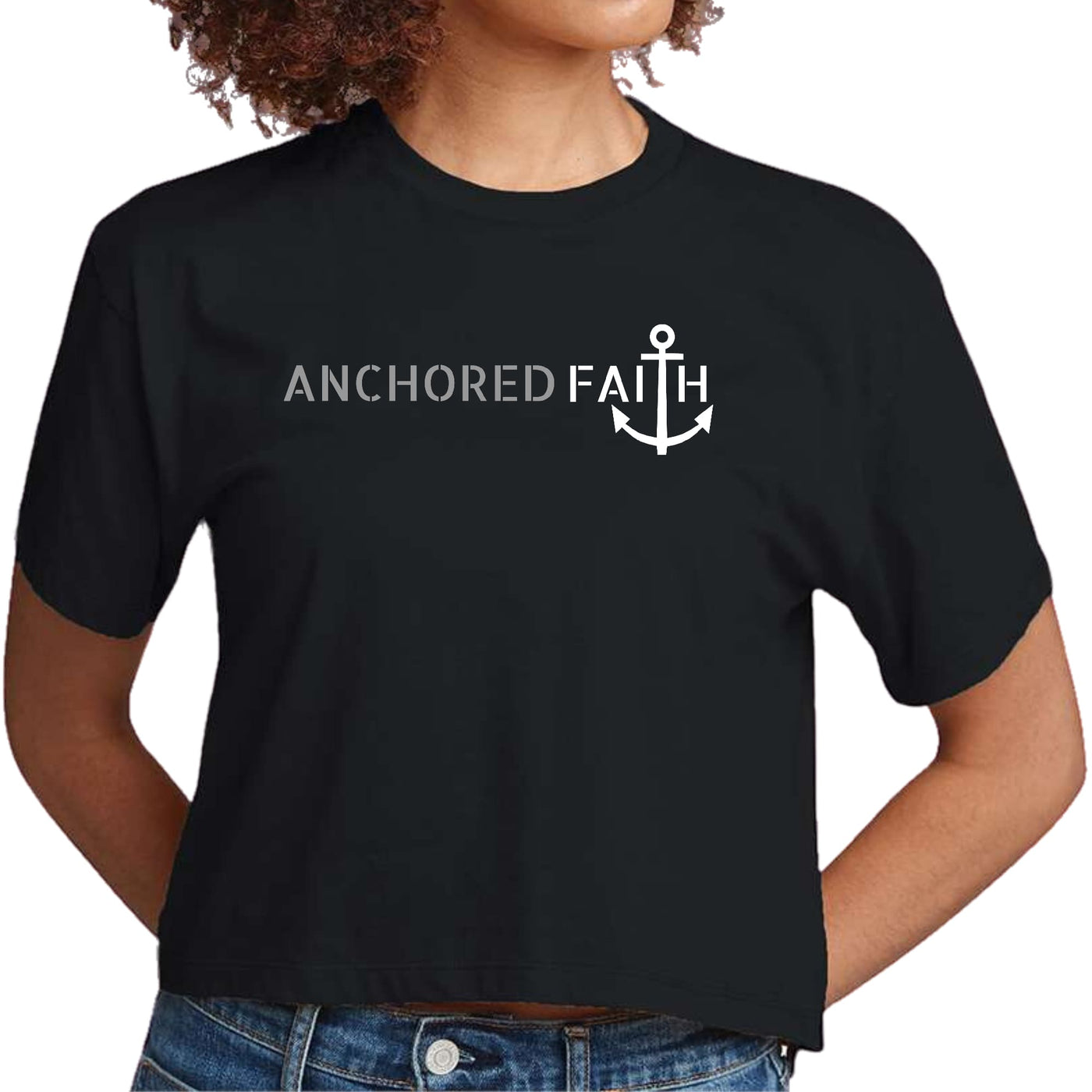 Womens Cropped Graphic T - shirt Anchored Faith Grey And White Print - T