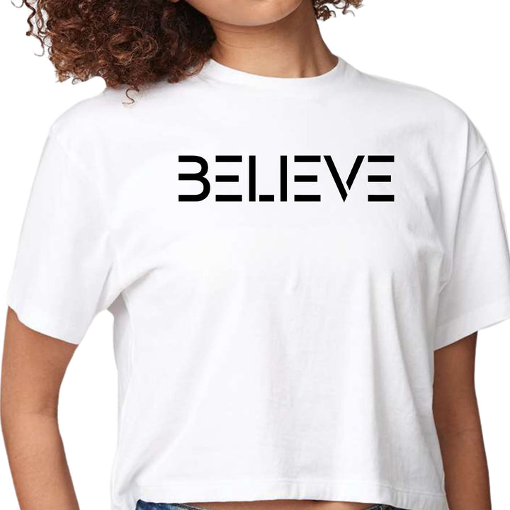 Womens Cropped Graphic T-shirt Believe Black Print - Womens | T-Shirts | Cropped