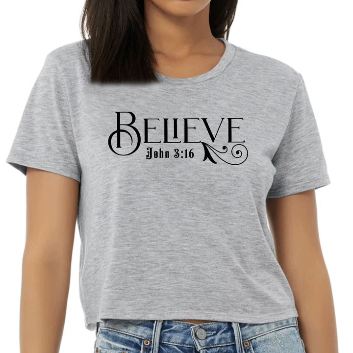 Womens Cropped Graphic T-shirt Believe John 3:16 Black Illustration - Womens