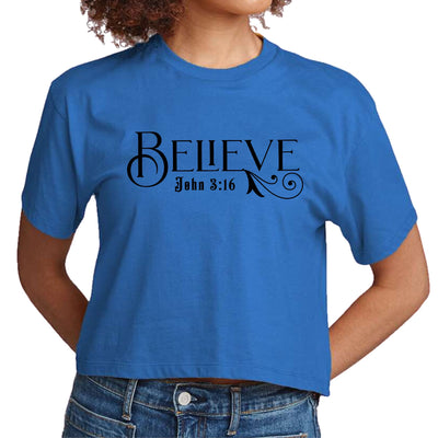 Womens Cropped Graphic T-shirt Believe John 3:16 Black Illustration - Womens