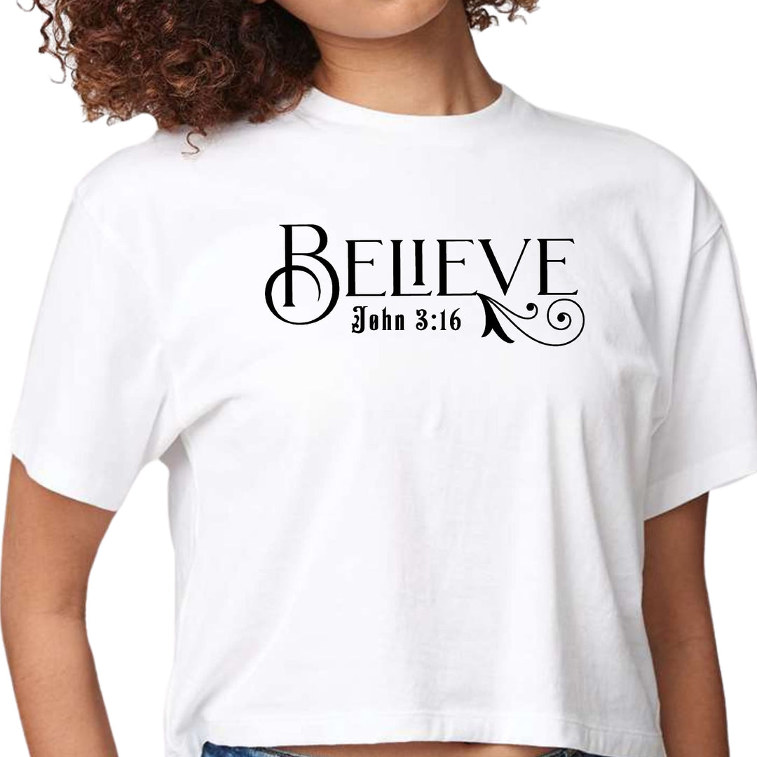 Womens Cropped Graphic T-shirt Believe John 3:16 Black Illustration - Womens