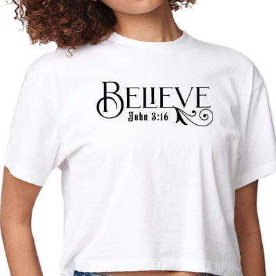 Womens Cropped Graphic T-shirt Believe John 3:16 Black Illustration - Womens
