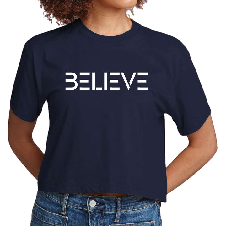 Womens Cropped Graphic T-shirt Believe White Print - Womens | T-Shirts | Cropped