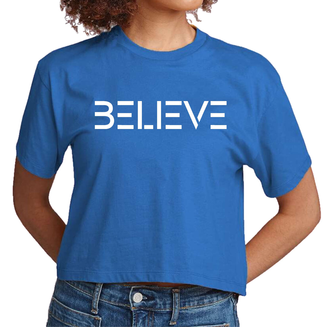 Womens Cropped Graphic T-shirt Believe White Print - Womens | T-Shirts | Cropped