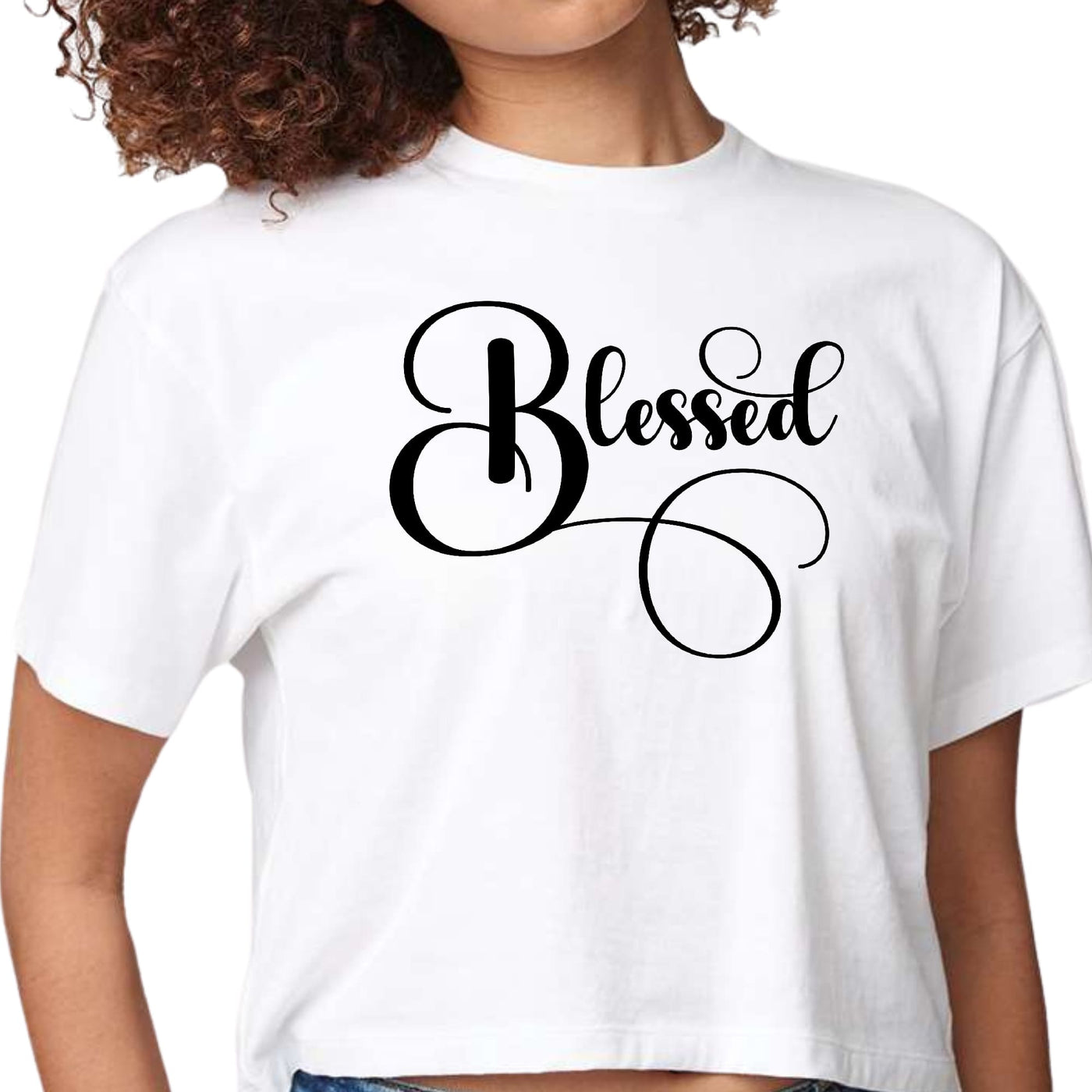 Womens Cropped Graphic T-shirt Blessed Black Graphic Illustration - Womens