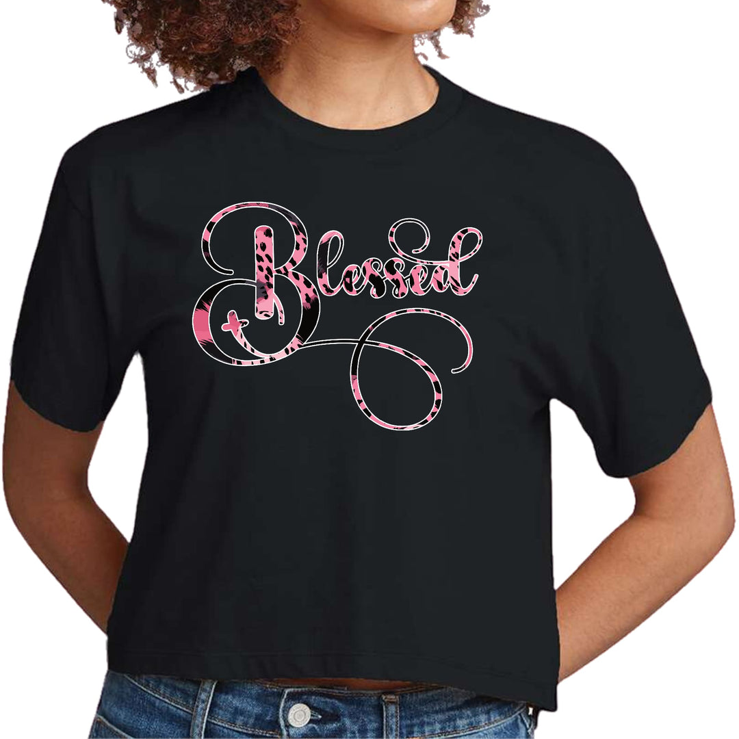 Womens Cropped Graphic T-shirt Blessed Pink and Black Patterned - Womens