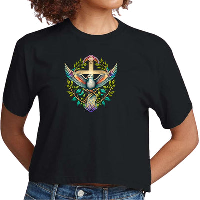 Womens Cropped Graphic T-shirt Blue Green Multicolor Dove Floral - Womens