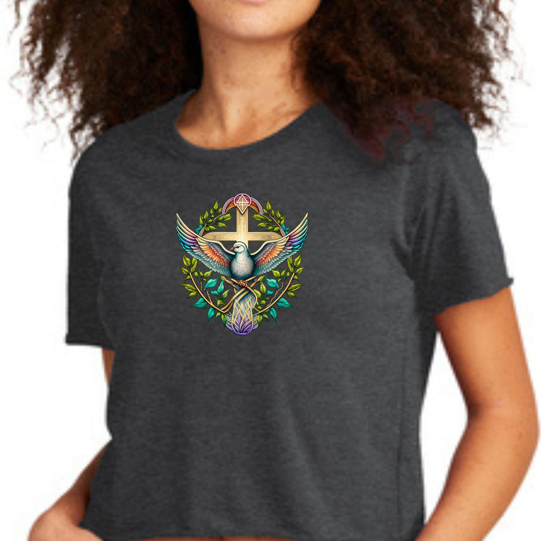 Womens Cropped Graphic T-shirt - Blue Green Multicolor Dove Floral - Womens