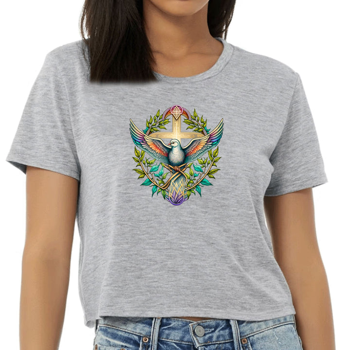 Womens Cropped Graphic T-shirt - Blue Green Multicolor Dove Floral - Womens