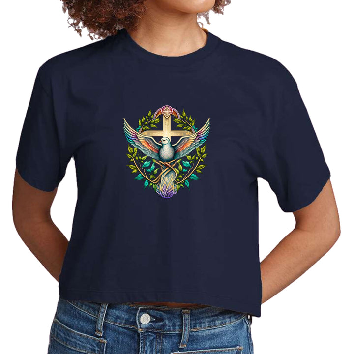 Womens Cropped Graphic T-shirt - Blue Green Multicolor Dove Floral - Womens