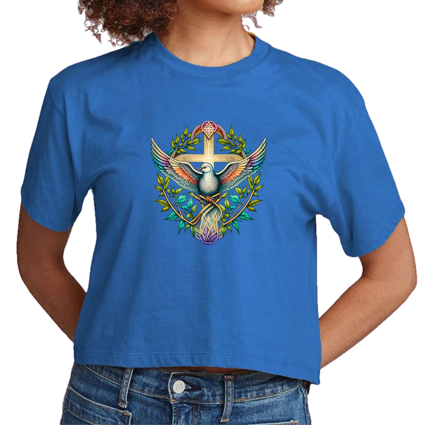 Womens Cropped Graphic T-shirt Blue Green Multicolor Dove Floral - Womens