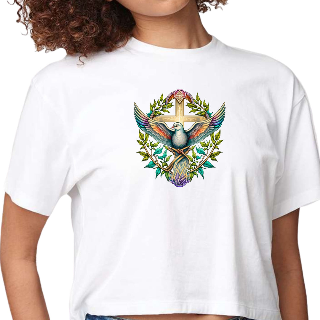 Womens Cropped Graphic T-shirt - Blue Green Multicolor Dove Floral - Womens