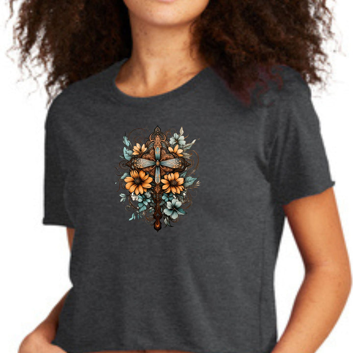 Womens Cropped Graphic T-shirt Christian Cross Floral Bouquet Brown - Womens