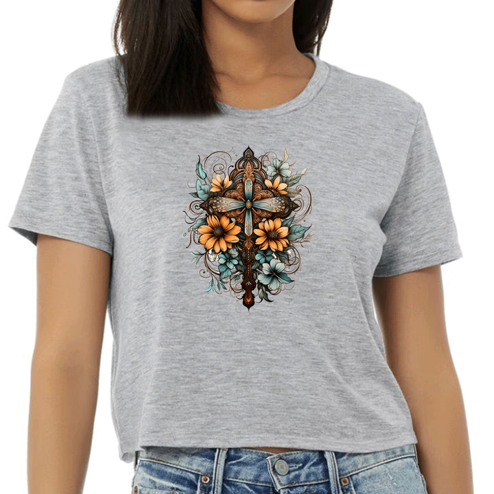 Womens Cropped Graphic T-shirt Christian Cross Floral Bouquet Brown - Womens