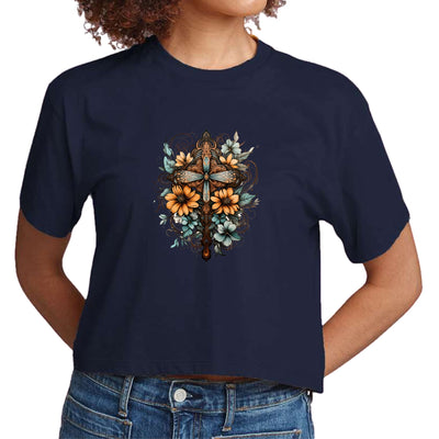 Womens Cropped Graphic T-shirt Christian Cross Floral Bouquet Brown - Womens