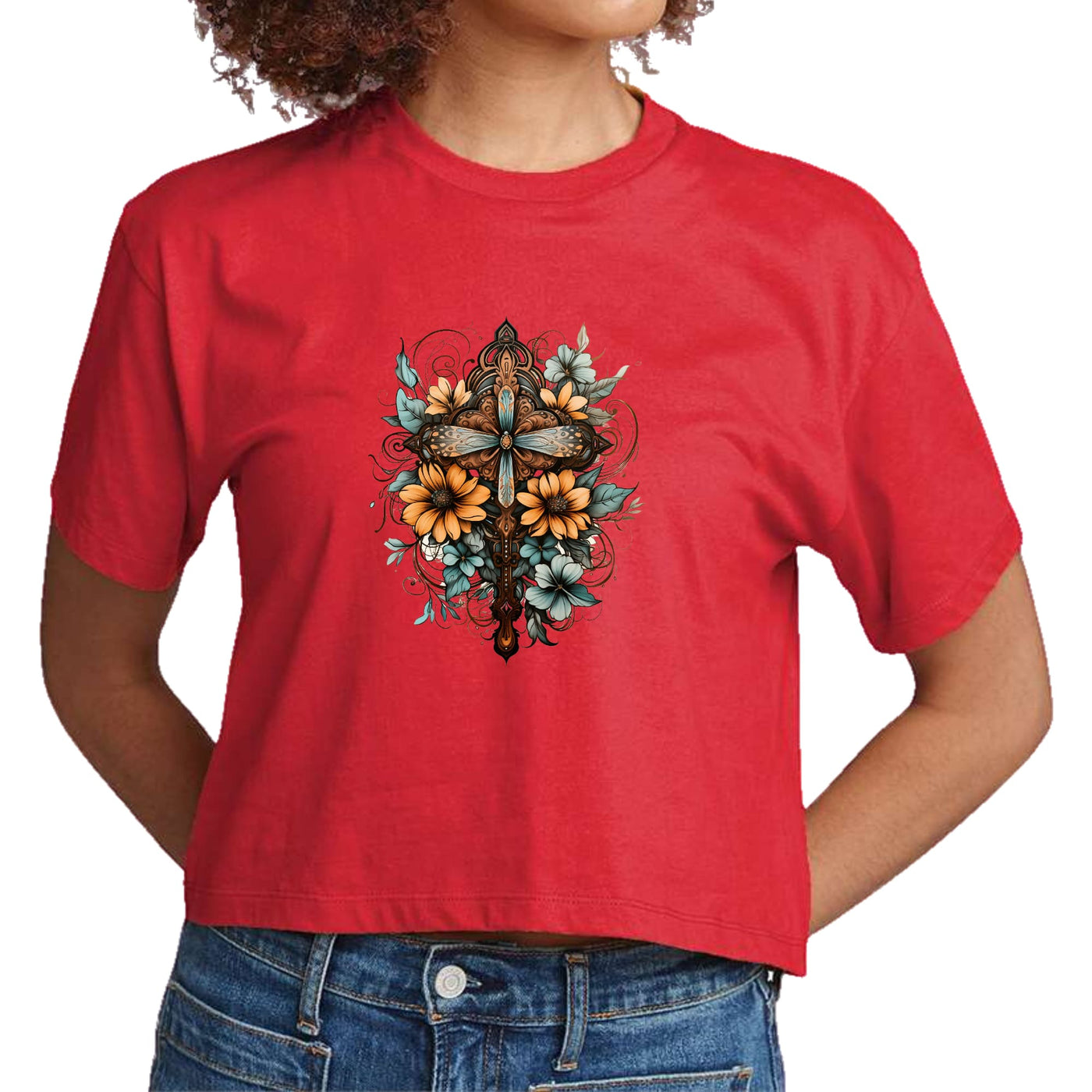 Womens Cropped Graphic T-shirt Christian Cross Floral Bouquet Brown - Womens
