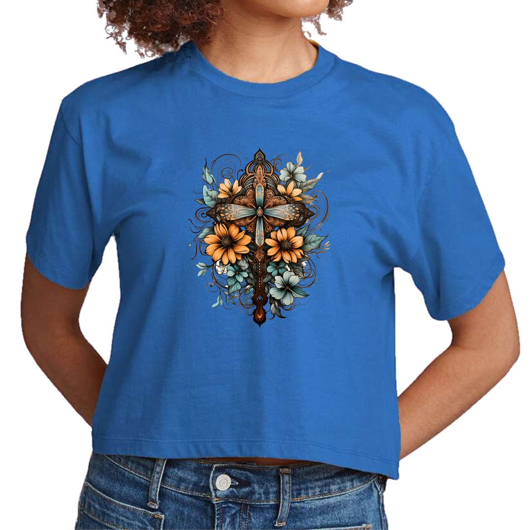 Womens Cropped Graphic T-shirt Christian Cross Floral Bouquet Brown - Womens