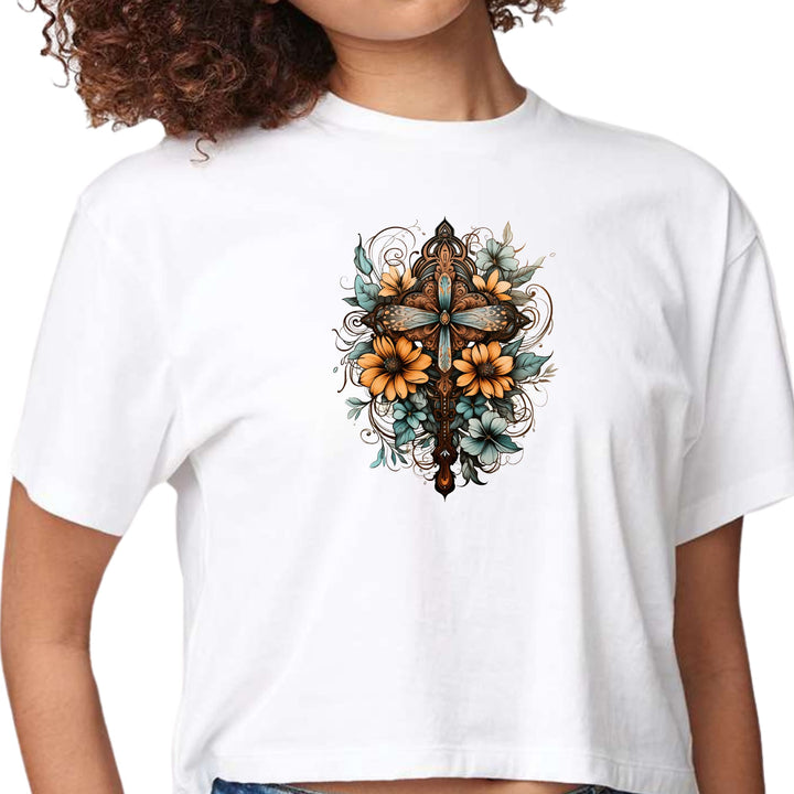 Womens Cropped Graphic T-shirt Christian Cross Floral Bouquet Brown - Womens