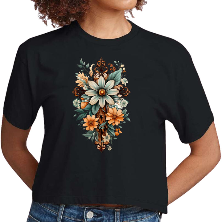 Womens Cropped Graphic T-shirt - Christian Cross Floral Bouquet Green - Womens