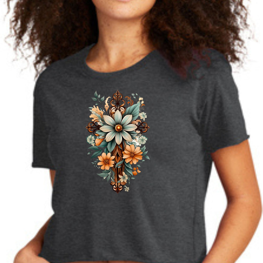 Womens Cropped Graphic T-shirt - Christian Cross Floral Bouquet Green - Womens