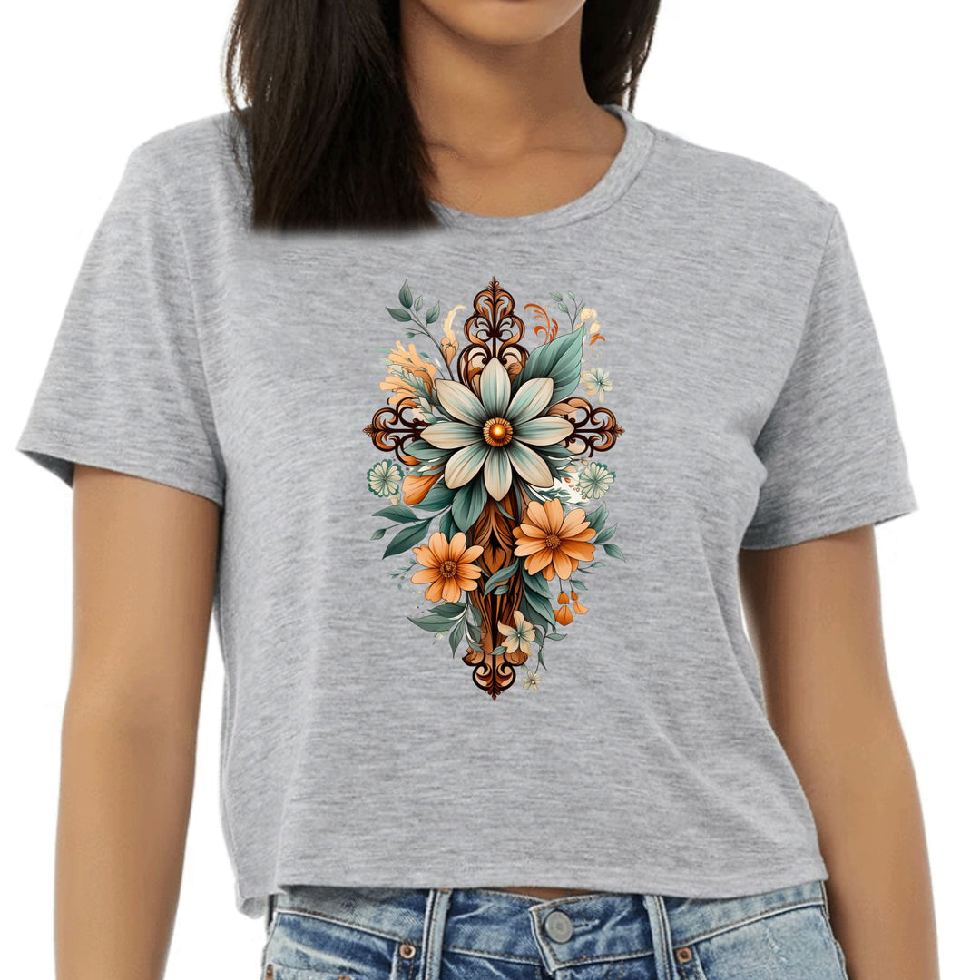 Womens Cropped Graphic T-shirt - Christian Cross Floral Bouquet Green - Womens