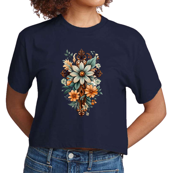 Womens Cropped Graphic T-shirt - Christian Cross Floral Bouquet Green - Womens