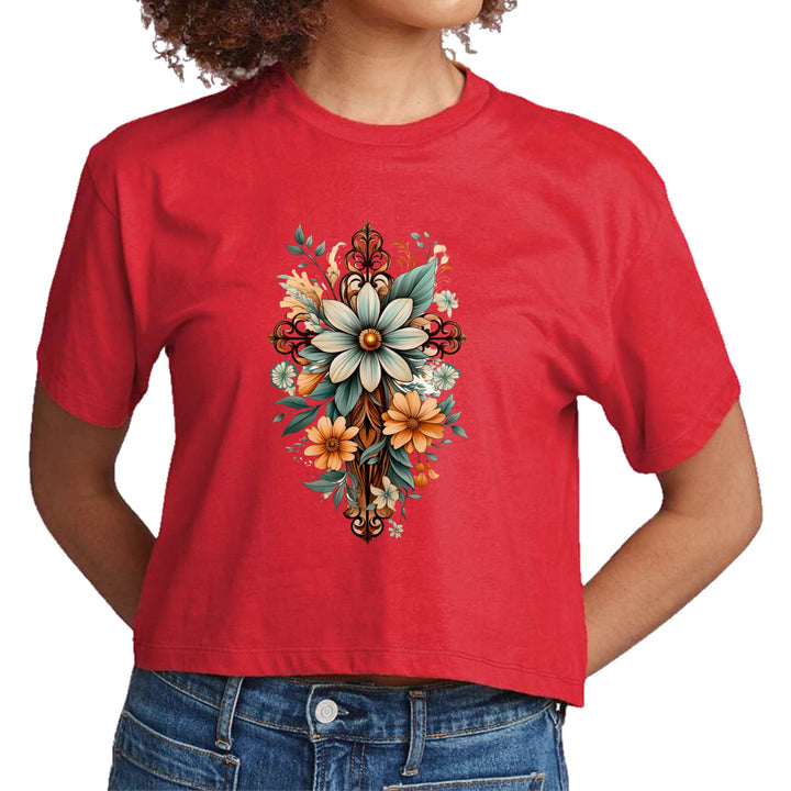 Womens Cropped Graphic T-shirt - Christian Cross Floral Bouquet Green - Womens