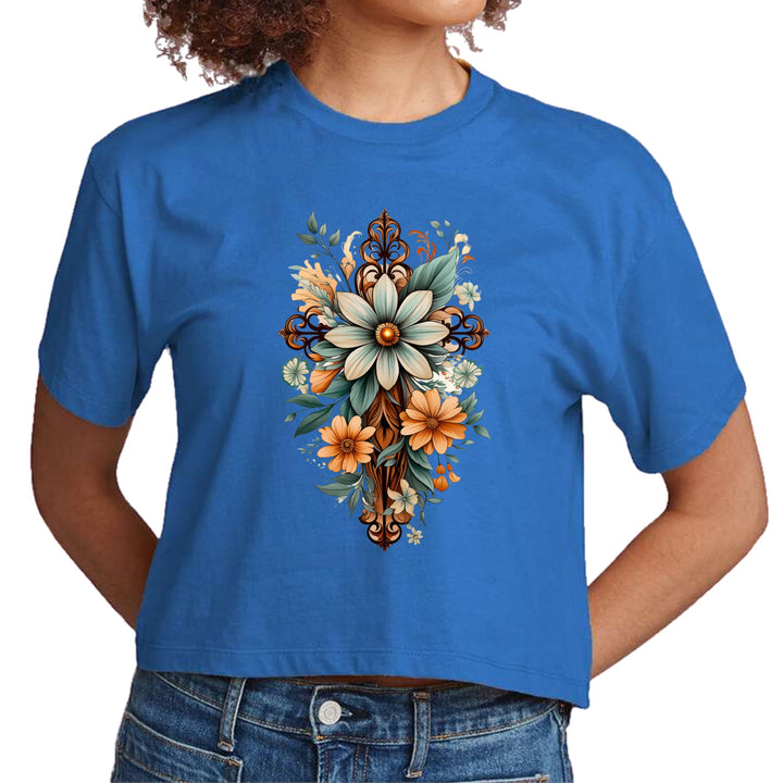 Womens Cropped Graphic T-shirt - Christian Cross Floral Bouquet Green - Womens