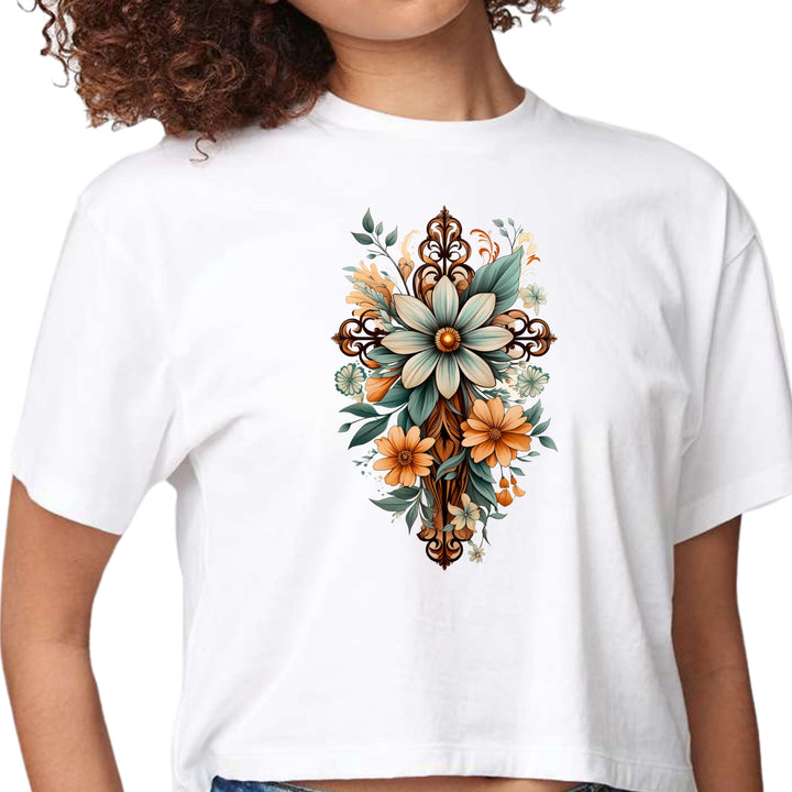 Womens Cropped Graphic T-shirt - Christian Cross Floral Bouquet Green - Womens