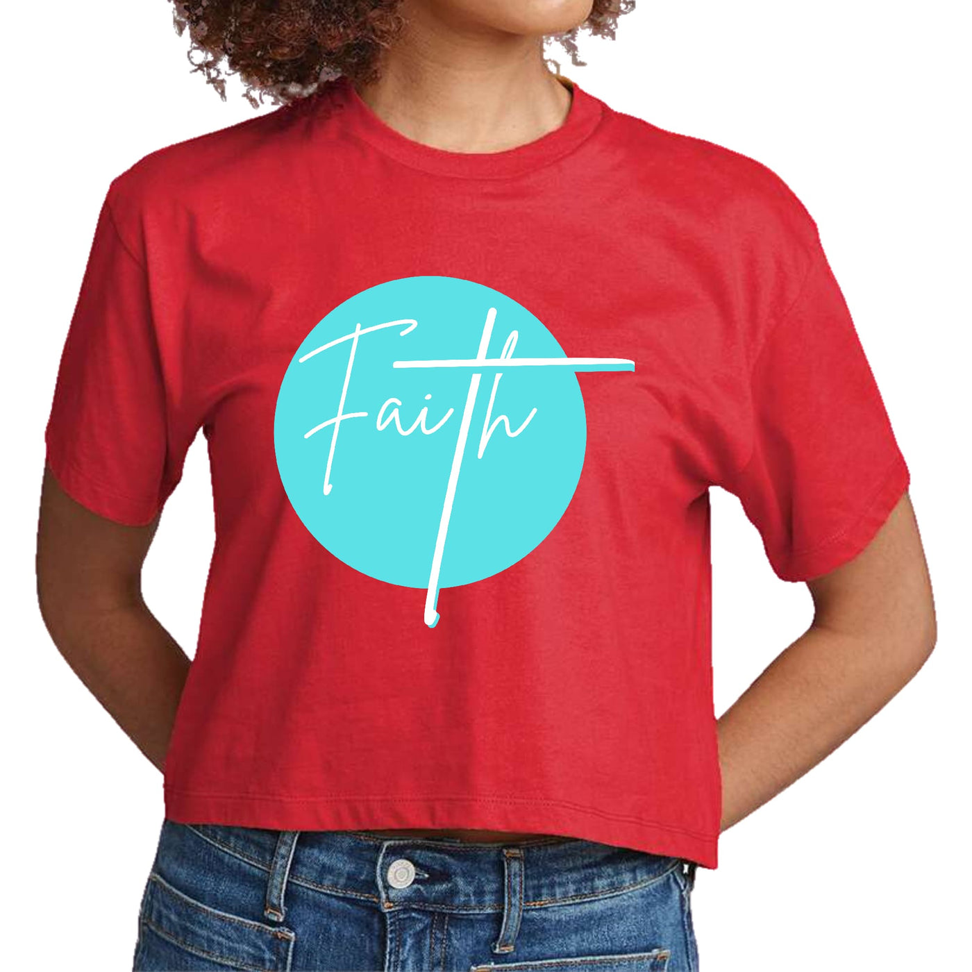 Womens Cropped Graphic T-shirt Faith - Christian Affirmation - Cyan - Womens