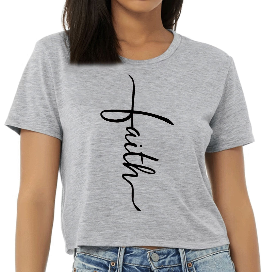 Womens Cropped Graphic T-shirt Faith Script Cross Black Illustration - Womens