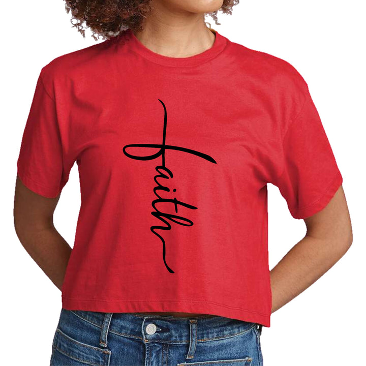 Womens Cropped Graphic T-shirt Faith Script Cross Black Illustration - Womens