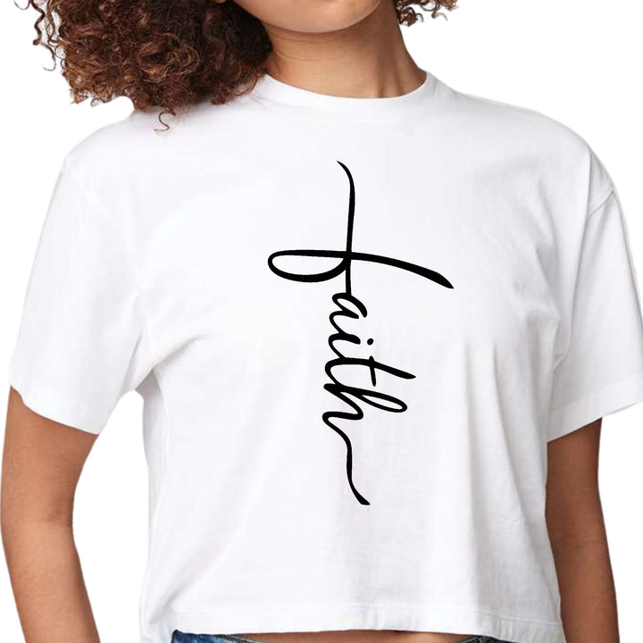 Womens Cropped Graphic T-shirt Faith Script Cross Black Illustration - Womens