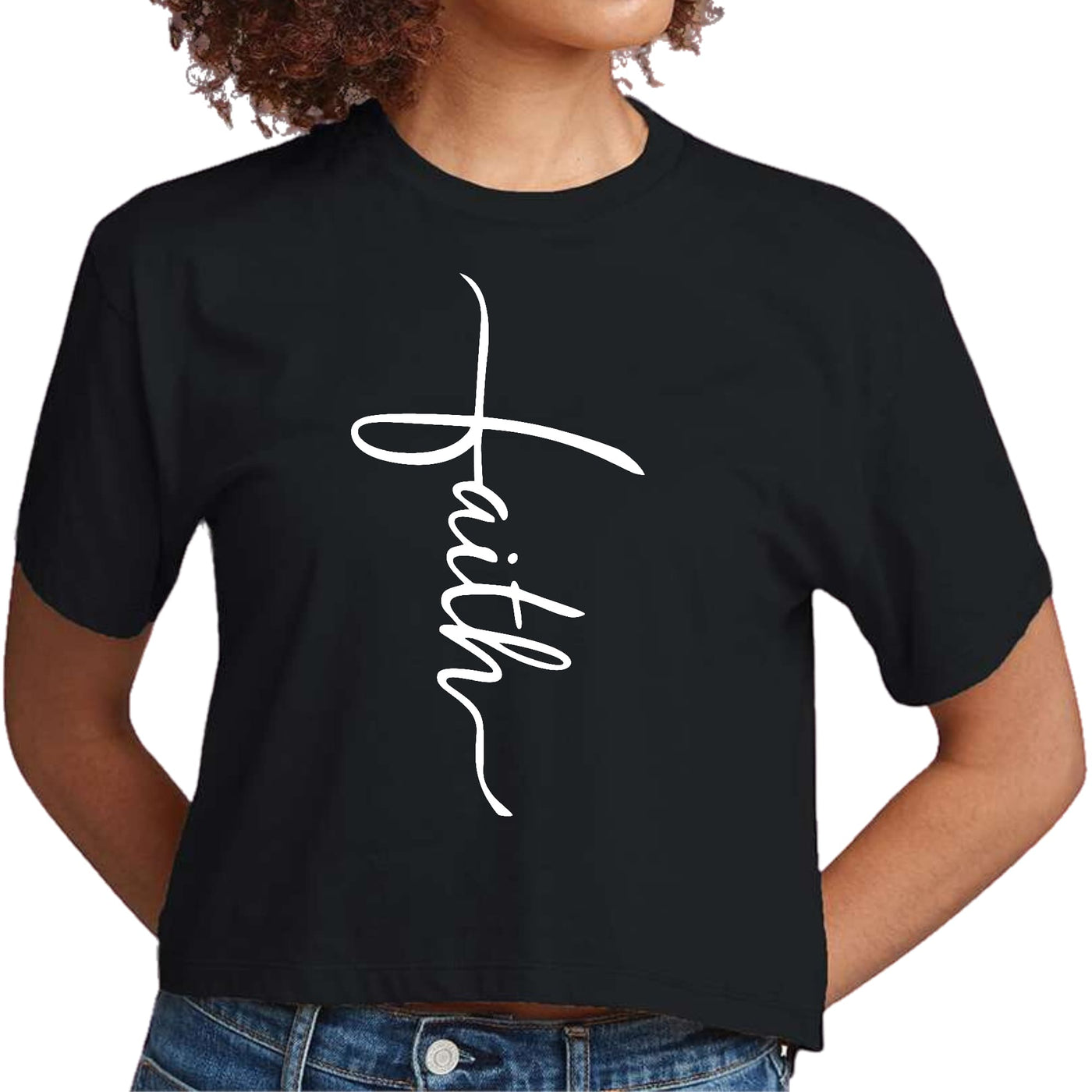 Womens Cropped Graphic T-shirt Faith Script Cross Illustration - Womens