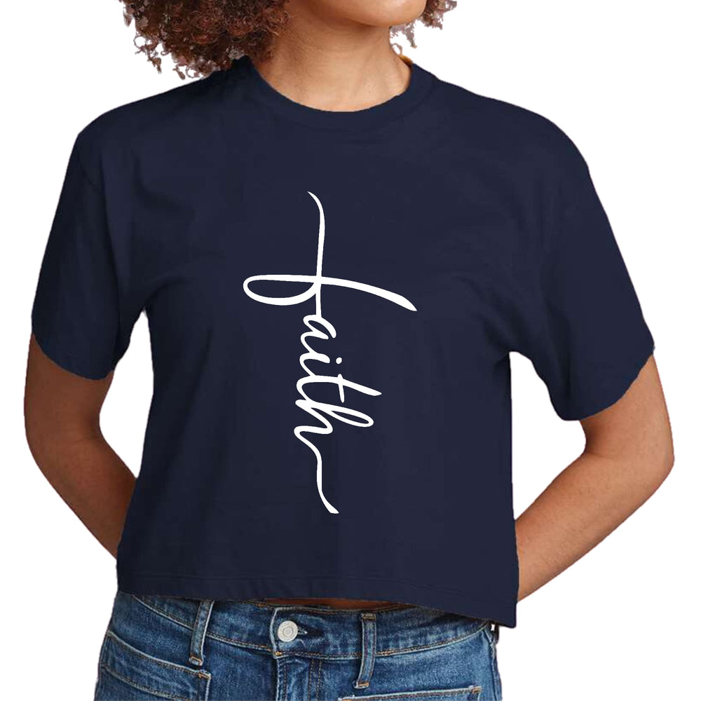 Womens Cropped Graphic T-shirt Faith Script Cross Illustration - Womens