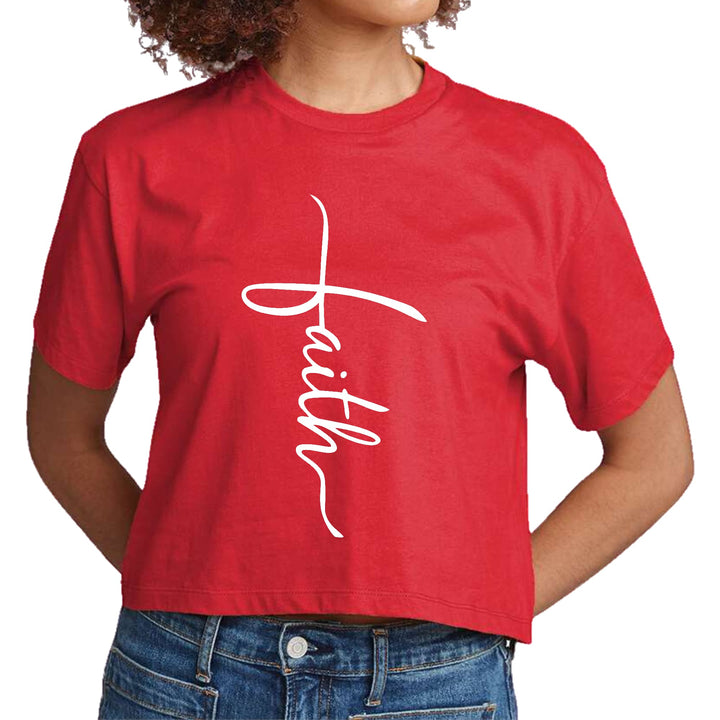 Womens Cropped Graphic T-shirt Faith Script Cross Illustration - Womens